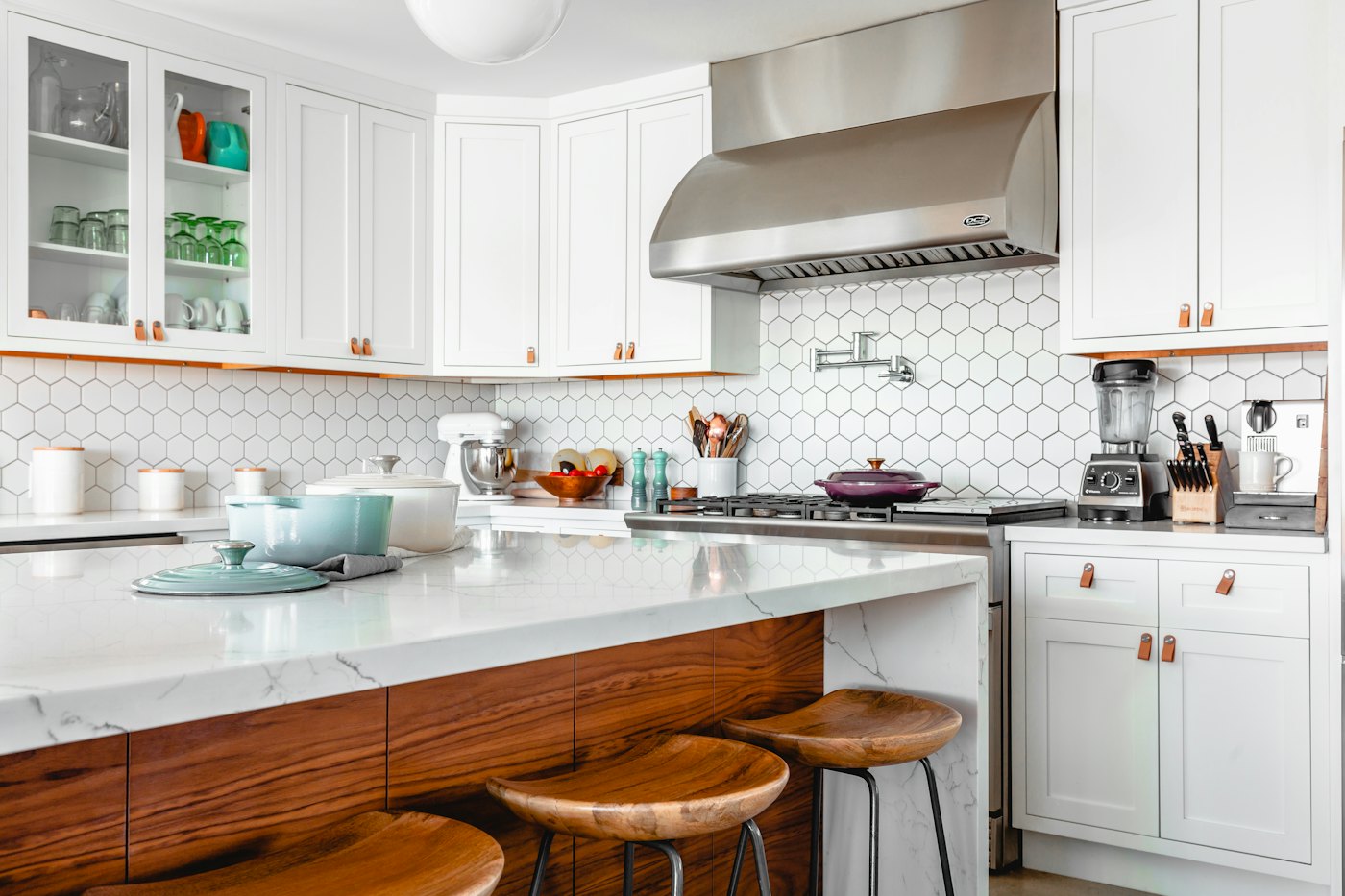 Updated kitchen with warm lighting